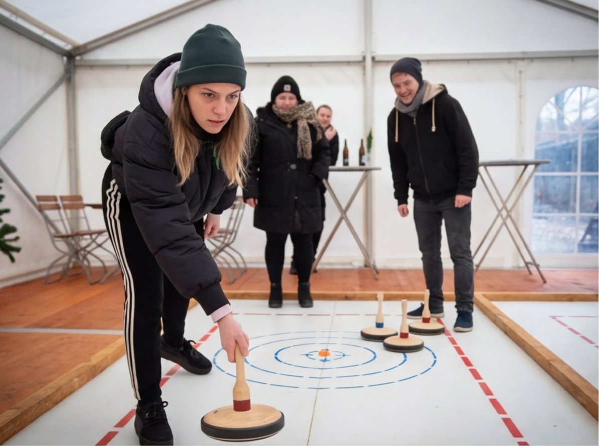 Eisstockschießen auf der Bahn im Cassiopeia Wintergarten